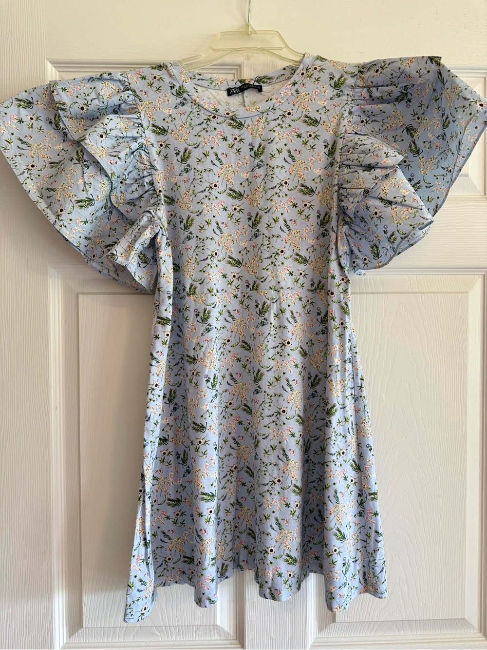 Zara Light Blue Floral Ruffle-Sleeve Dress